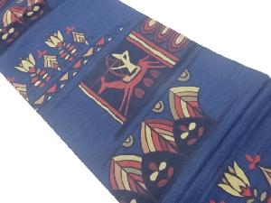 抽象草花に狩猟人物模様織出し洒落袋帯